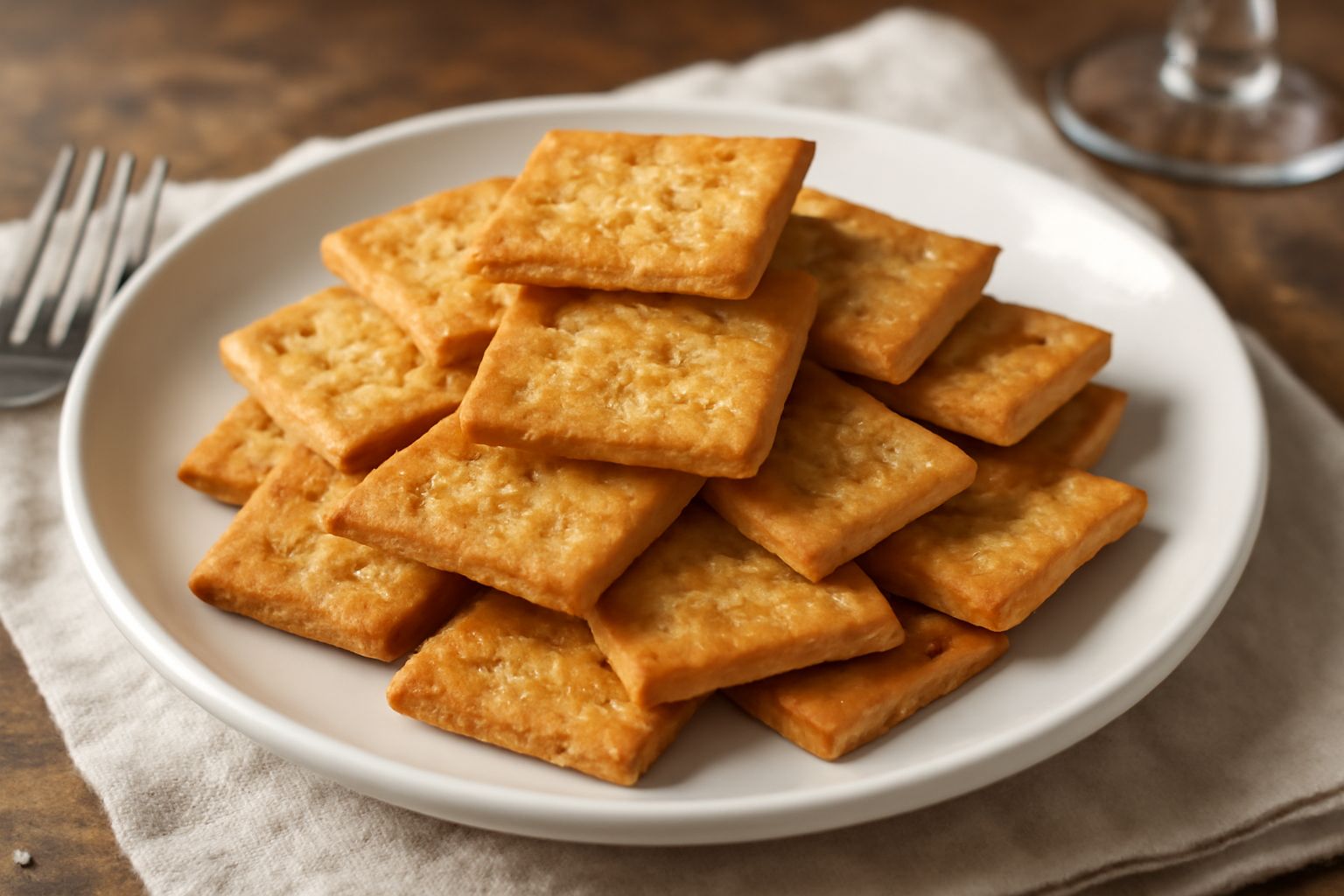 Crackers salentini dorati e croccanti disposti su una tavola di legno naturale, con visibili i cristalli di sale marino grosso sulla superficie; sfondo neutro con un bicchiere d'acqua