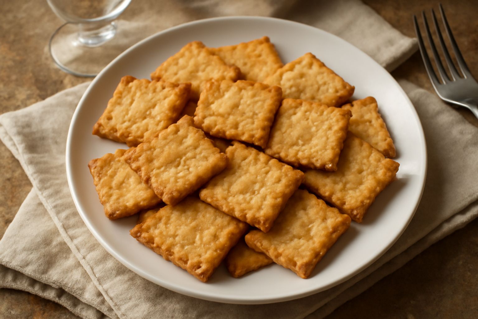 Crackers vibonesi quadrati e dorati disposti su un piatto bianco, con superficie leggermente salata e screpolata, sfondo neutro