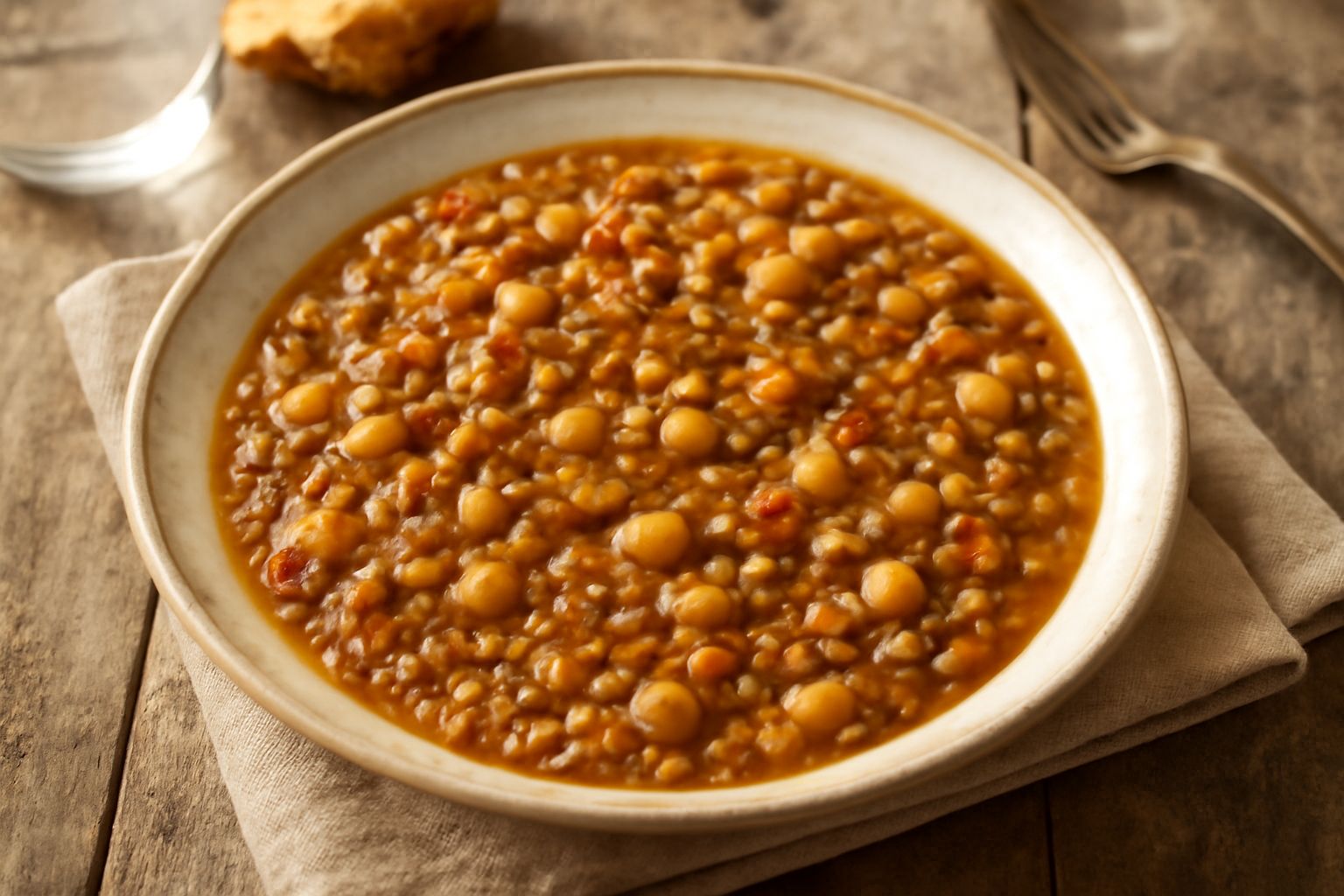 Ciotola di crapiata con lenticchie rosse, ceci, farro, orzo e chicchi di grano intero visibili, condita con olio e prezzemolo, su sfondo bianco