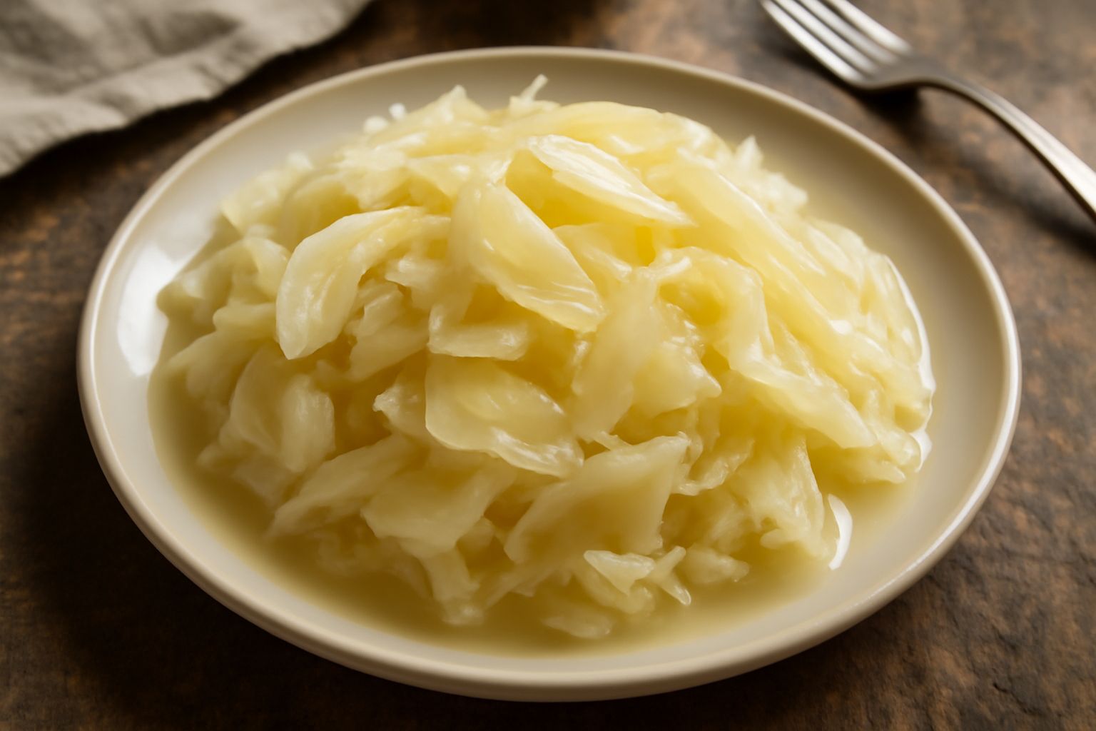 Crauti all'aceto in un piatto di ceramica bianca, fette di cavolo croccanti di colore giallo-bianco leggermente trasparente, lucidi di aceto, con alcuni chicchi di sale grosso visibili sulla superfici
