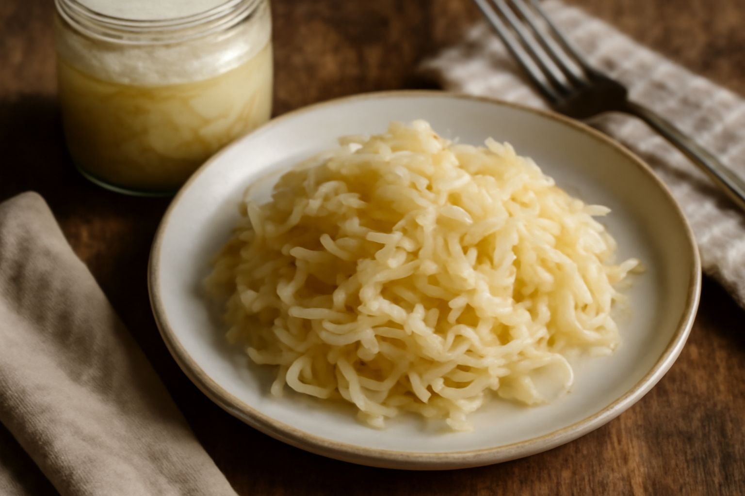 Barattolo di vetro trasparente con crauti fermentati dal colore giallo-bianco, liquido lattiginoso, coperto da foglie di cavolo intere, in primo piano su un piano di legno rustico
