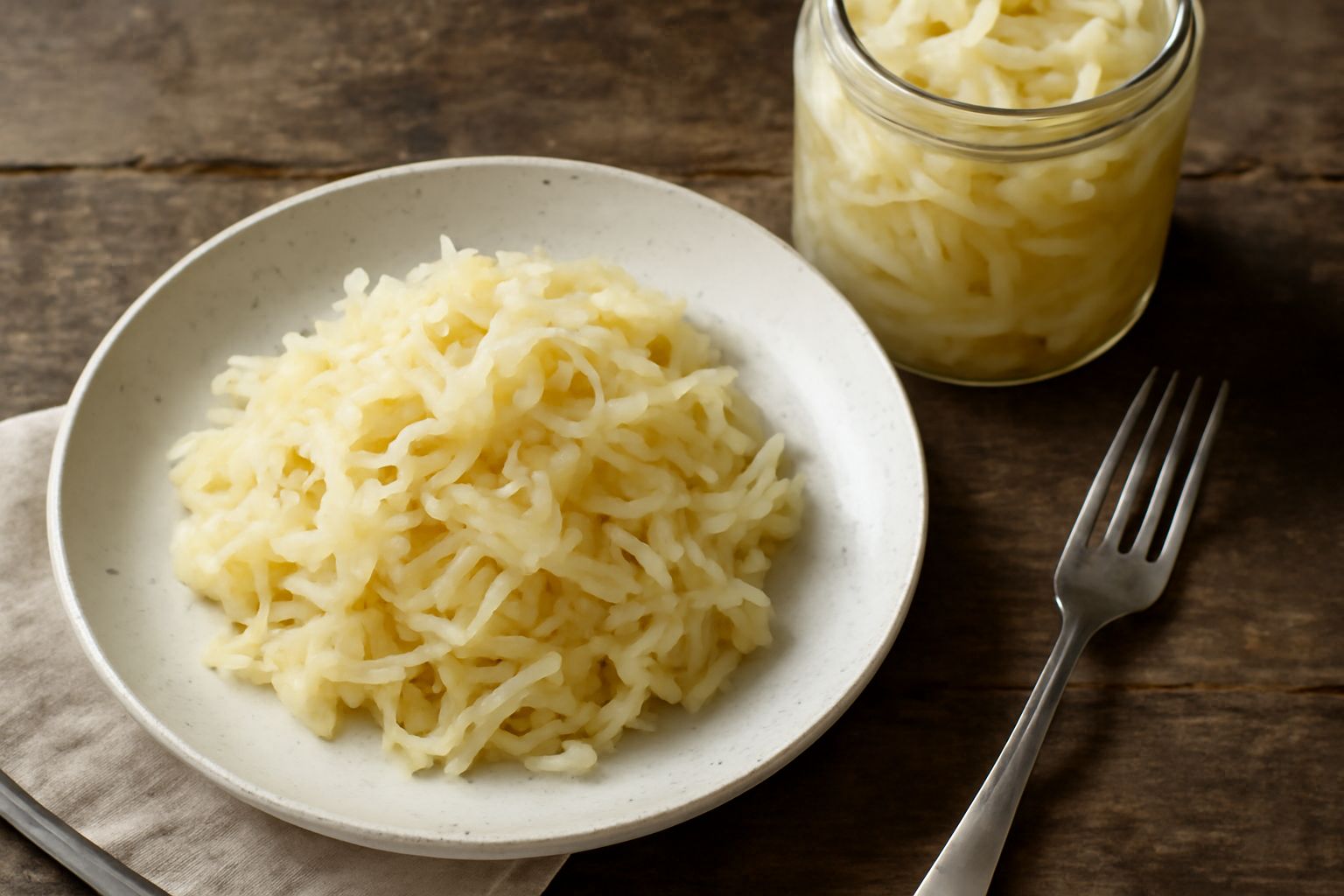 Crauti di cavolo bianco in un barattolo di vetro trasparente, ben compatti, di colore bianco crema con sfumature giallognole, ricoperti da liquido salato, su un tavolo in legno con una forchetta di le