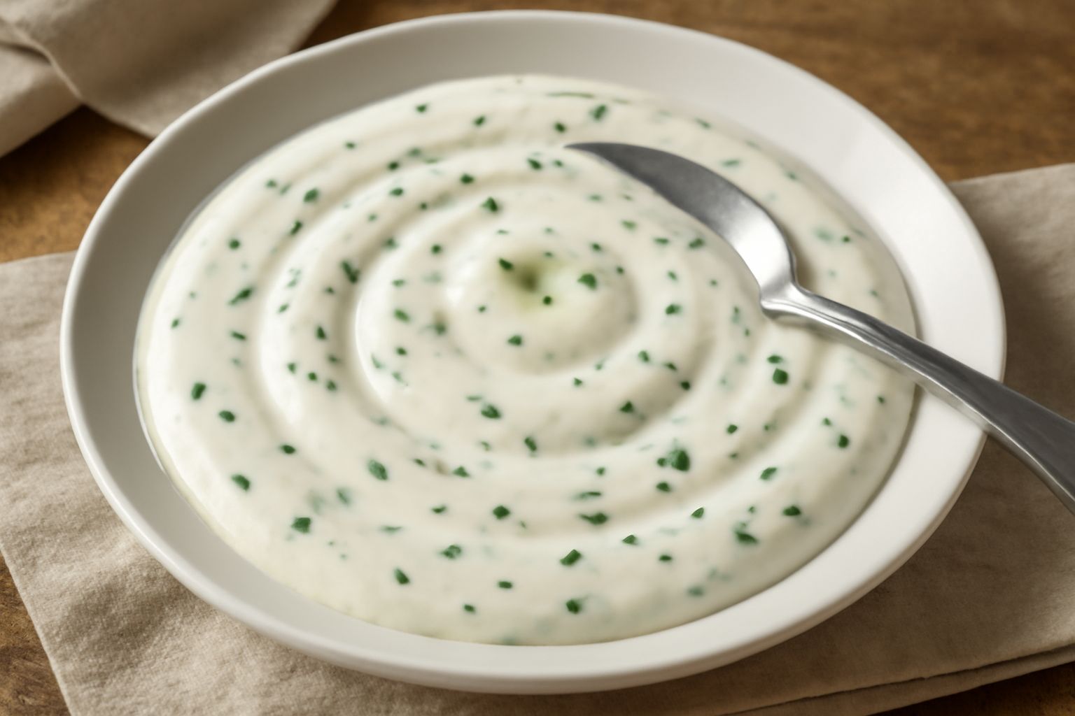 Salsa cremosa bianca con puntini verdi di erba cipollina fresca, servita in una ciotola bianca, accanto a un mazzetto di erba cipollina e una bottiglia di panna liquida