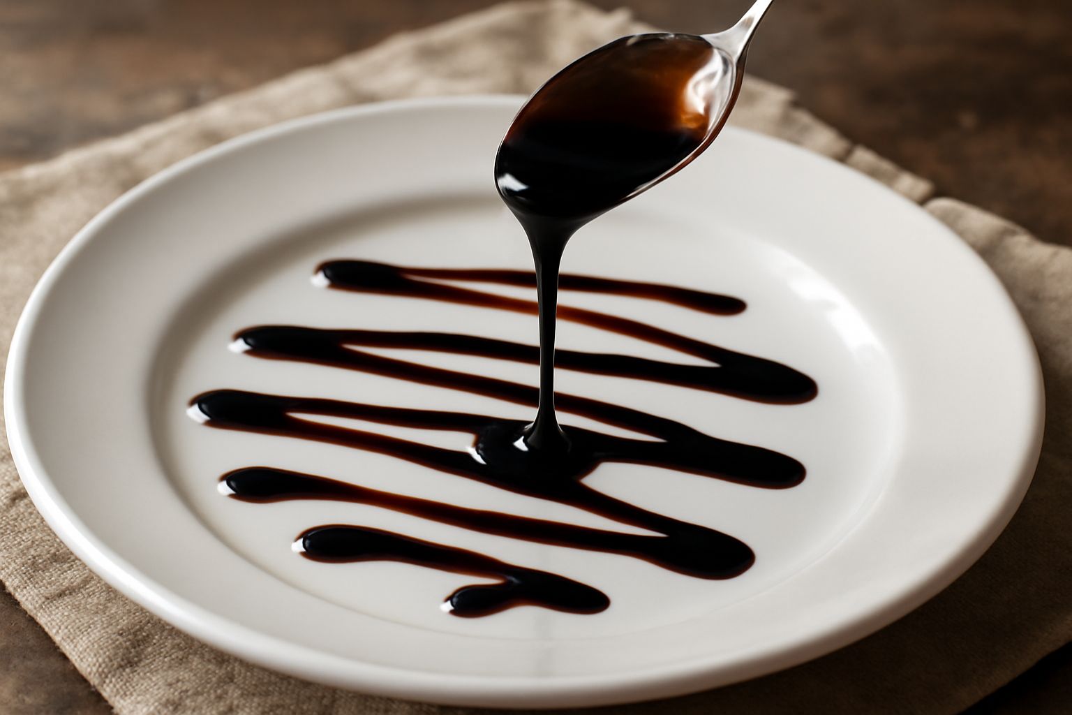 Crema di balsamico scura e lucida versata da un cucchiaio su un piatto bianco, formando striature dense e brillanti, accanto a una bottiglia di aceto balsamico