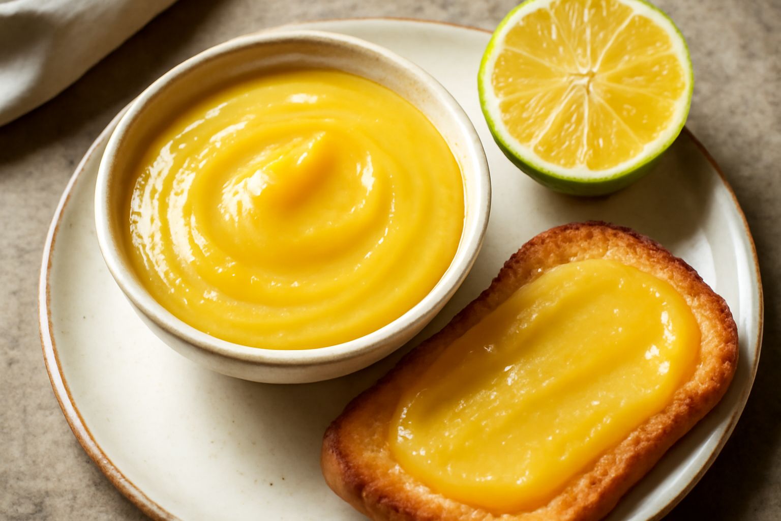 Crema di bergamotta giallo dorato in ciotola di ceramica, liscia e lucida, con due fette di pane tostato accanto e una bergamotta fresca tagliata a metà sullo sfondo
