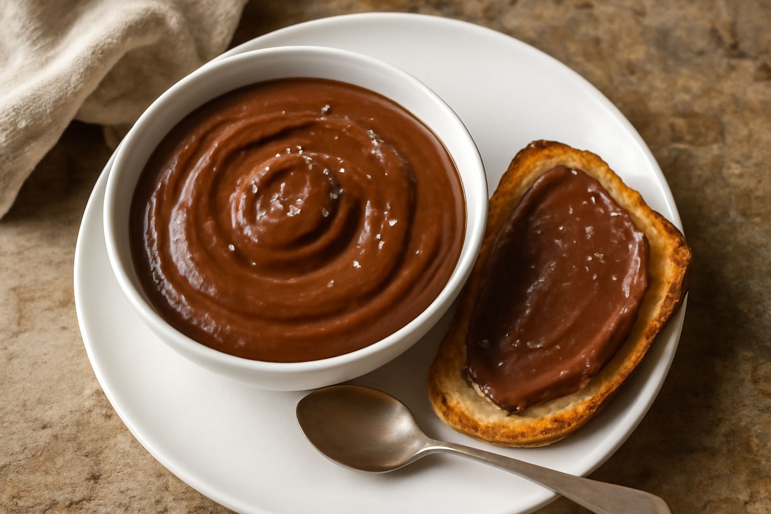 Crema di castagna di colore marrone scuro, densa e cremosa, servita in una ciotola bianca con un cucchiaio di legno appoggiato; sullo sfondo castagne intere non pelate