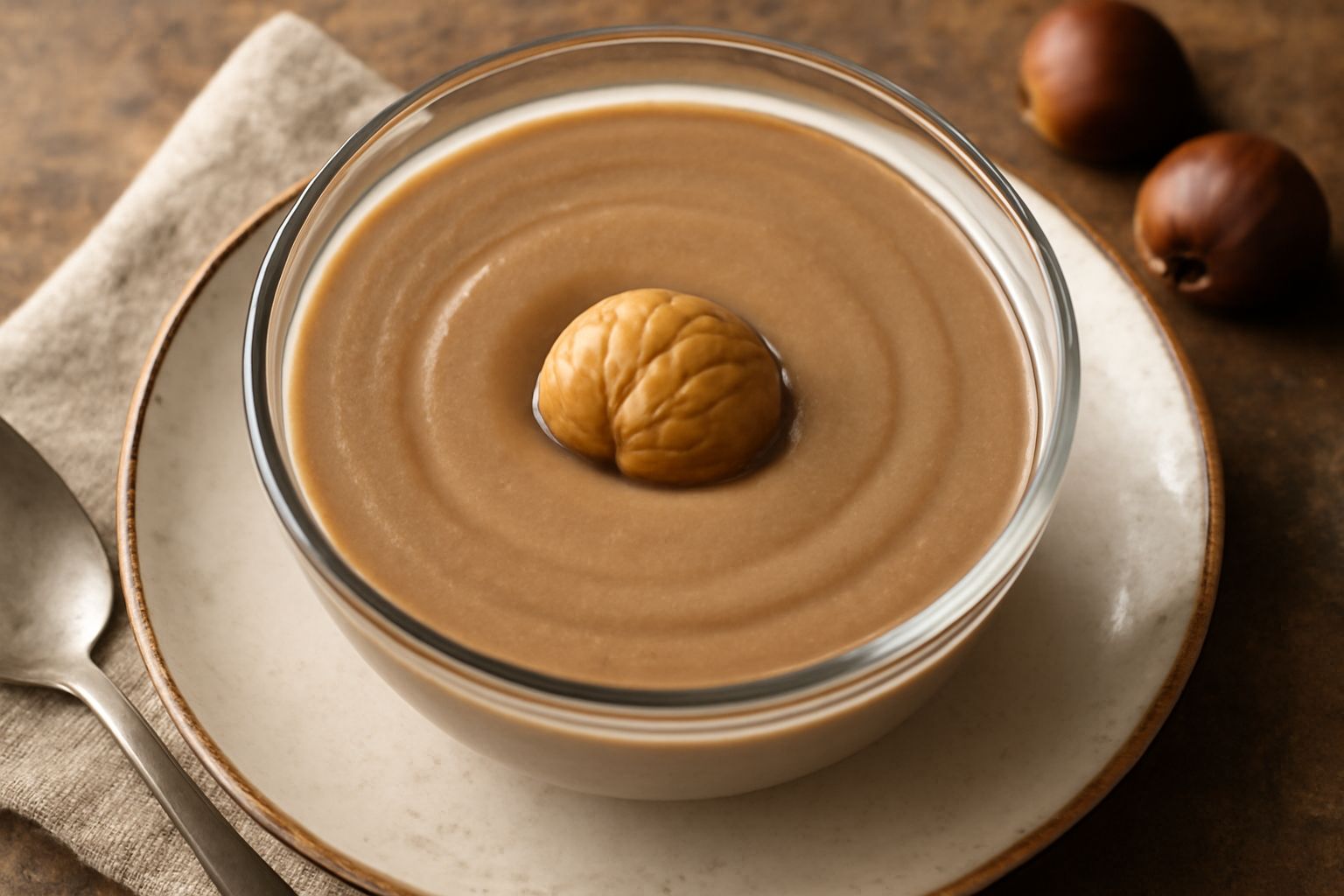 Una ciotola di ceramica color avorio contiene crema di castagne liscia e cremosa di colore marrone chiaro, con un cucchiaio di legno sul bordo, guarnita con una castagna intera e un filo di olio di no