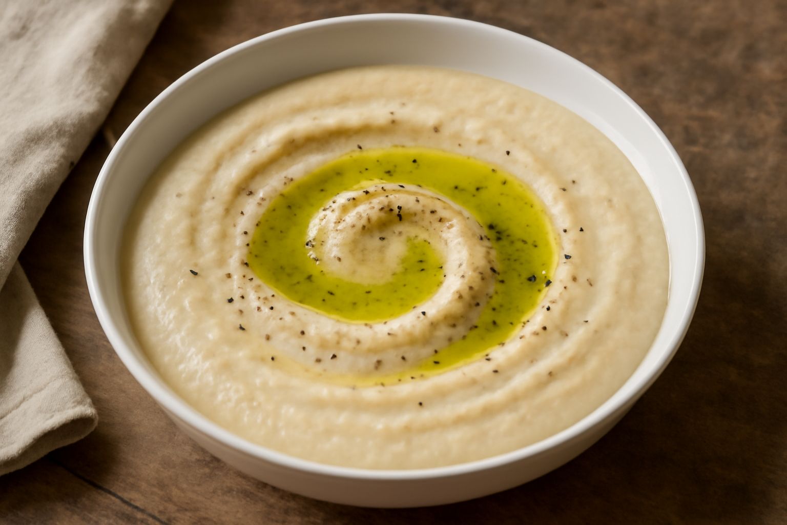 Crema di ceci color beige avorio servita in ciotola di ceramica bianca, con un rivolo di olio extravergine verde al centro, curcuma e pepe nero in polvere, cucchiaio di legno di lato
