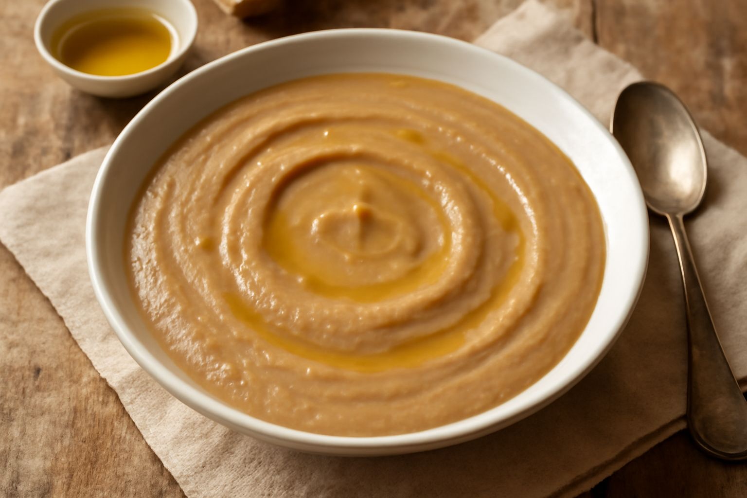 Crema di cicerchia beige-marrone in ciotola bianca, superficie liscia e vellutata, decorata con filo d'olio di oliva, un cucchiaio di legno appoggiato sul bordo, sfondo neutro di legno chiaro