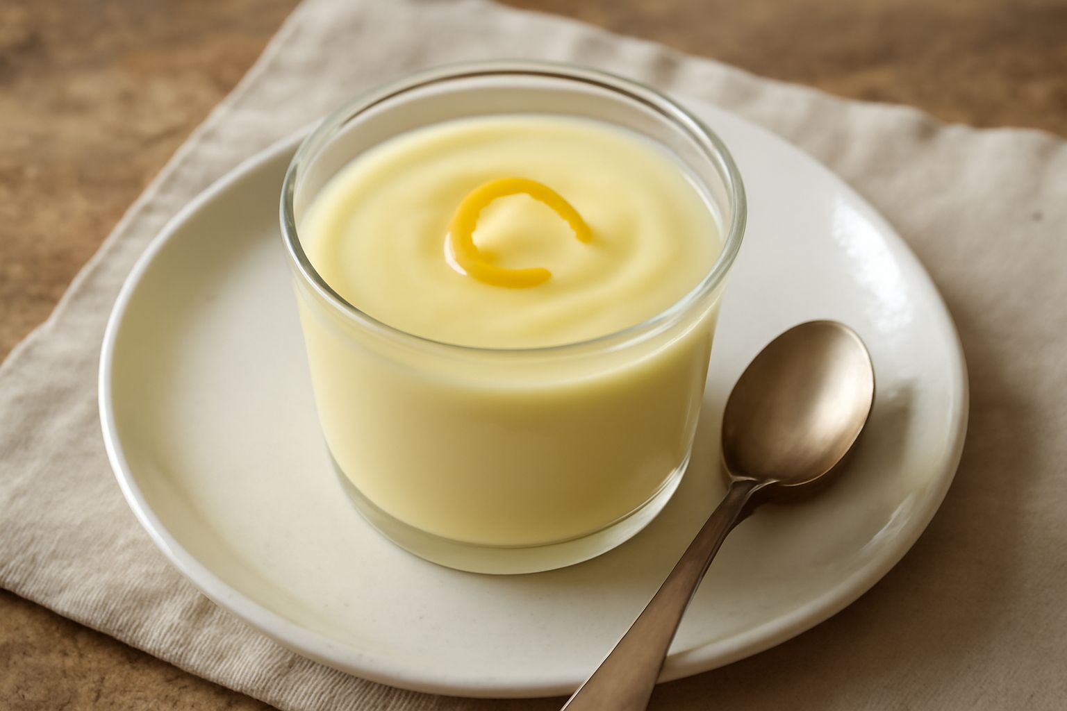 Crema di limoncello giallo pallido servita in bicchierini di vetro trasparente, guarnita con una sottile fetta di limone candito e qualche fogliolina di menta fresca, su fondo bianco