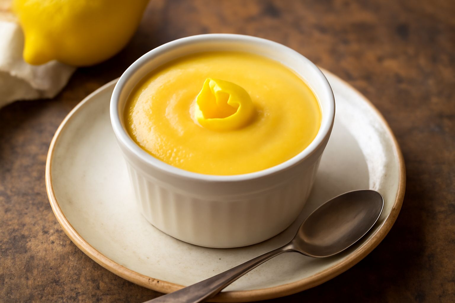 Crema di limone giallo dorato in coppetta di vetro trasparente, liscia e vellutata, con una buccia di limone grattugiata sopra e limoni freschi sullo sfondo