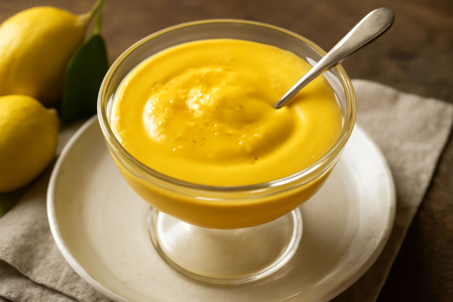 Crema di limone giallo brillante in una coppa di vetro, superficie liscia e lucida, guarnita con buccia di limone grattugiata e una foglia di menta, piatto in primo piano