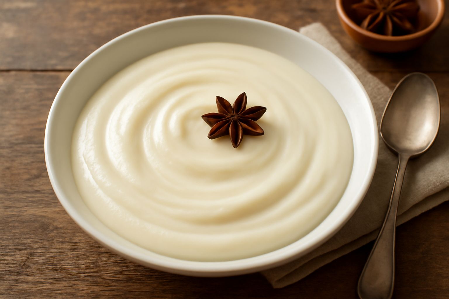 Bicchiere di cristallo basso con crema di liquore strega dal colore bianco avorio, decorato con una stella d'anice intera sulla superficie, su sfondo neutro