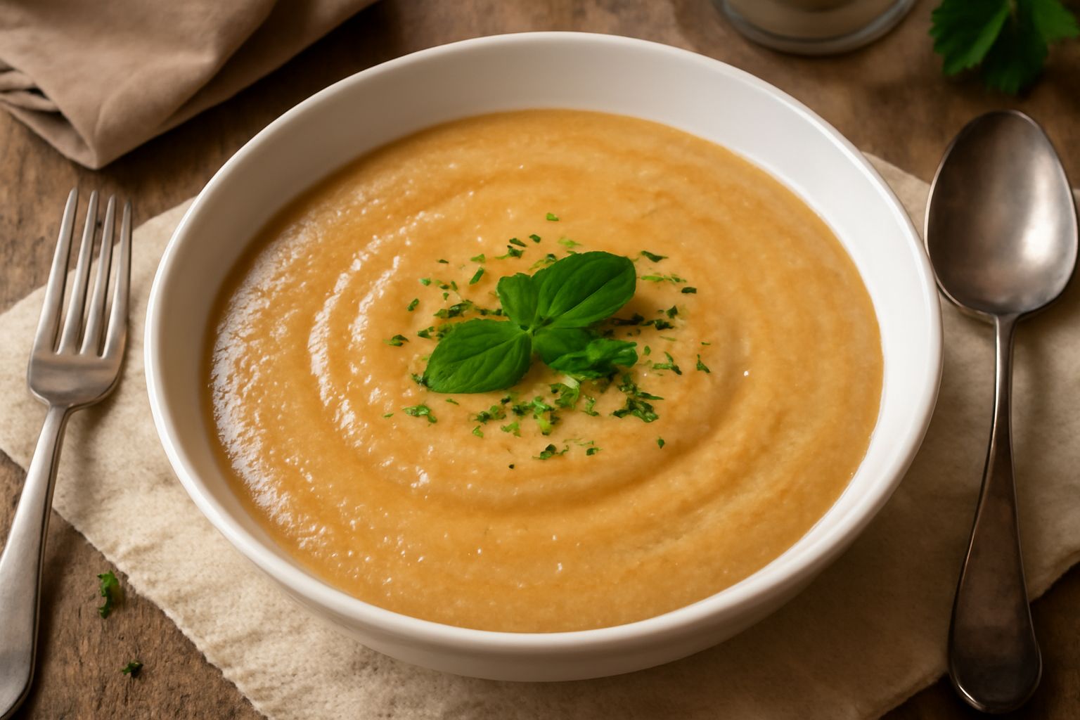 Crema di malloreddus di colore beige dorato, con superficie liscia e vellutata, servita in una ciotola bianca, guarnita con un filo d'olio d'oliva e un ramo di prezzemolo fresco