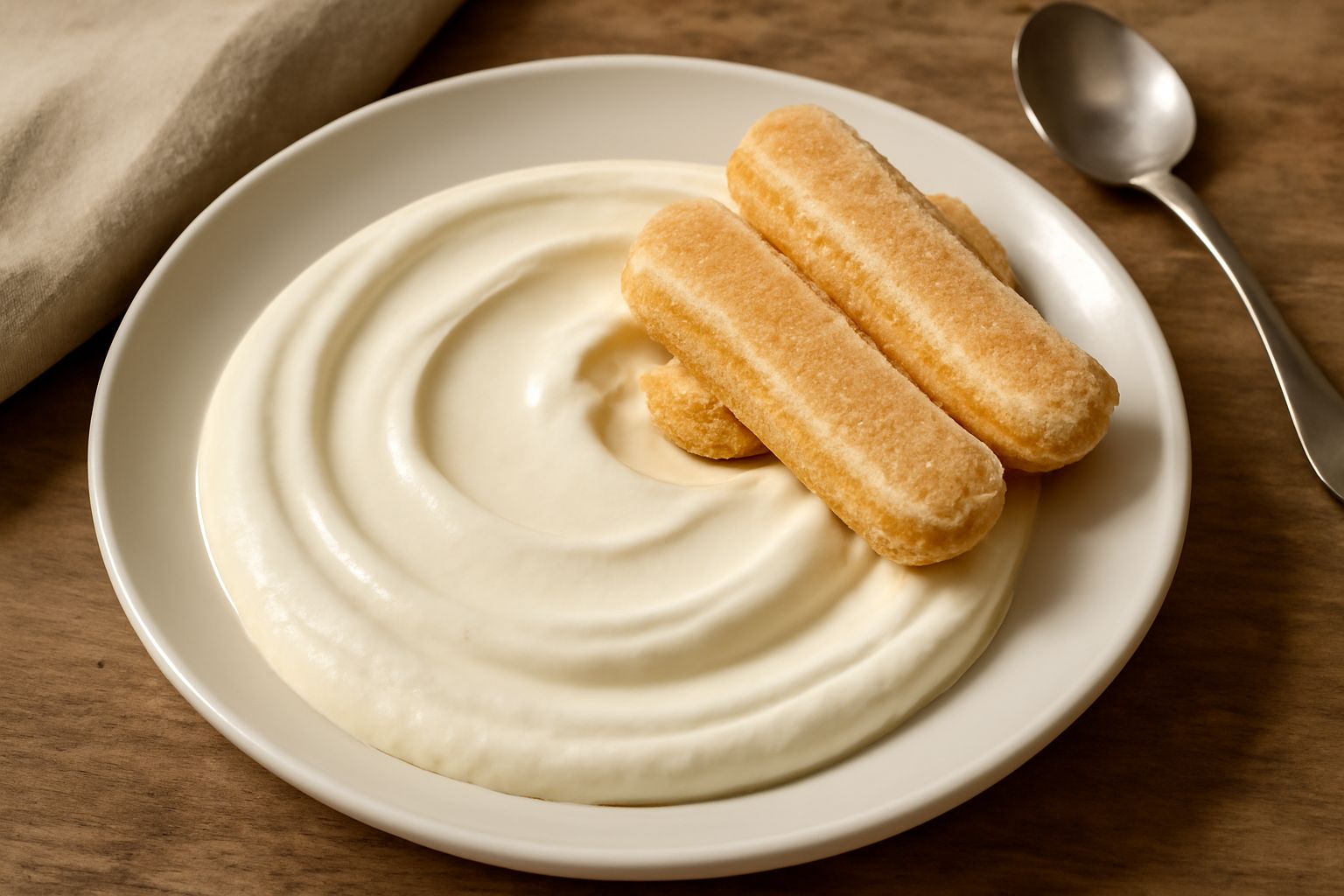 Crema di mascarpone bianca e vellutata in una ciotola di vetro, con una spatola che la solca leggermente, servita fredda con superficie liscia e brillante