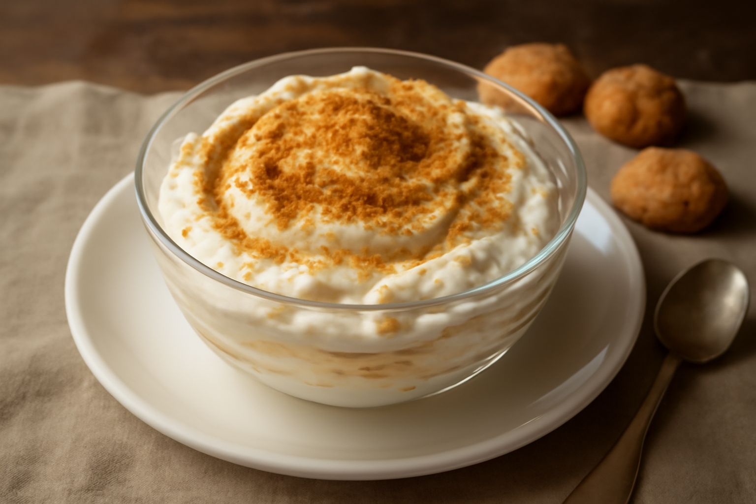 Crema di mascarpone bianca e cremosa in una coppa trasparente, spolverata in superficie con polvere di amaretti sbriciolati, decorata con un amaretto intero appoggiato sopra