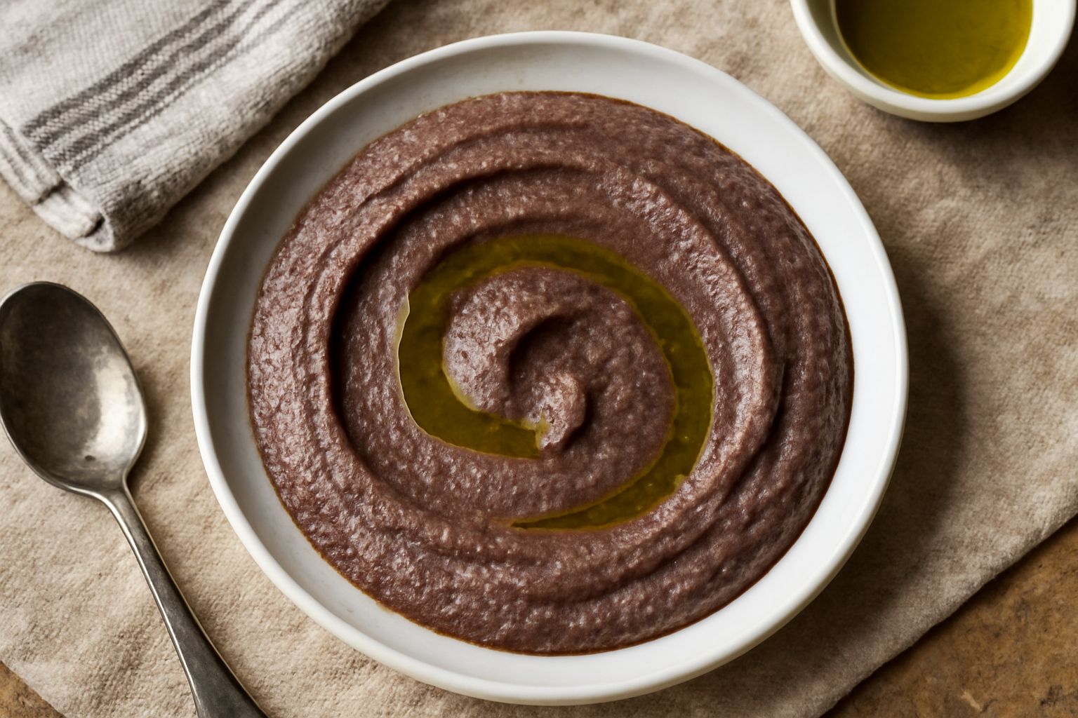 Crema di melanzane color viola scuro spalmata in una ciotola bianca, con superficie liscia e cremosa, gocce di olio d'oliva verde sulla sommità, decorata con prezzemolo fresco verde e una fetta di lim