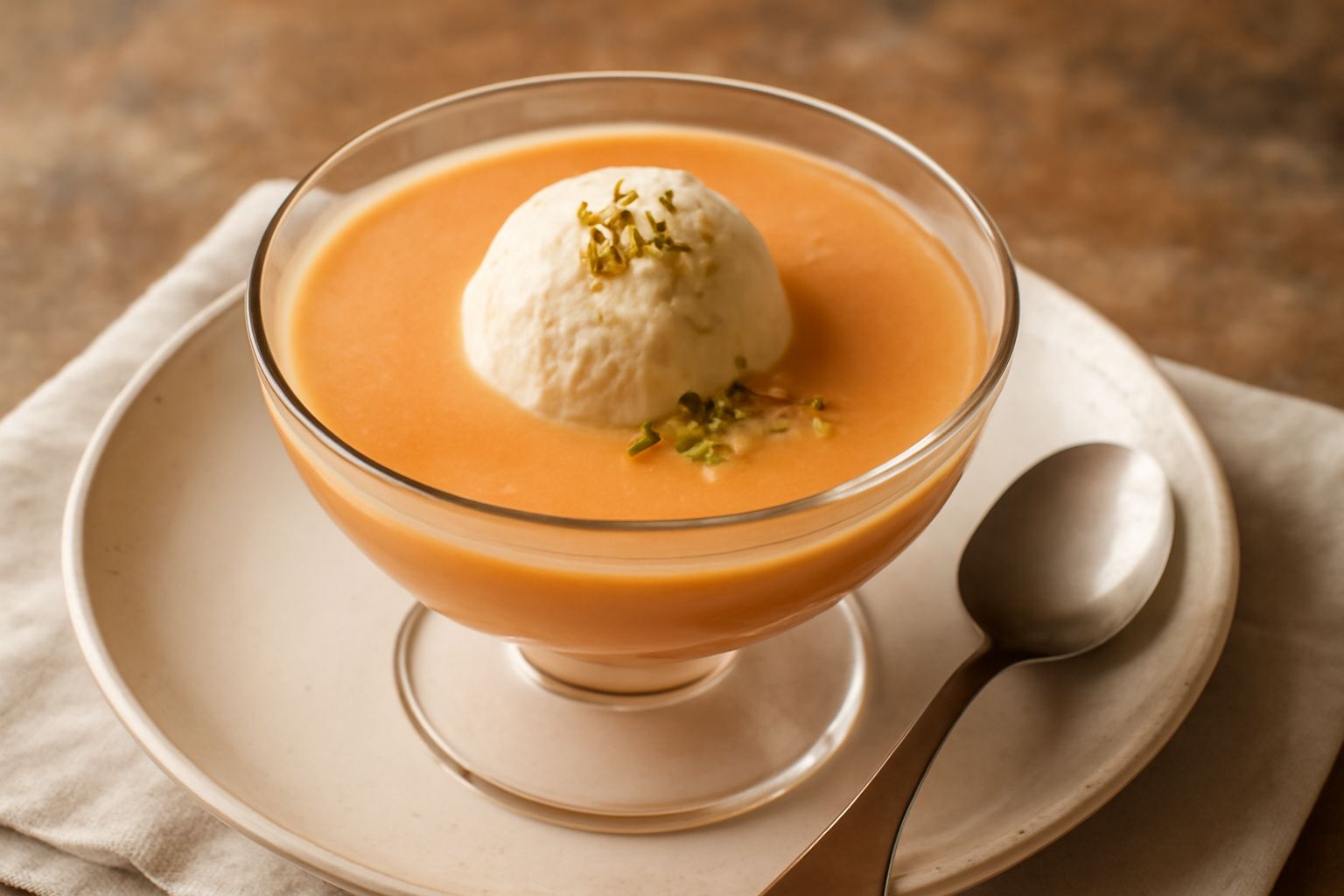 Crema di melone color arancio chiaro servita in una coppetta di vetro con superficie liscia e uniforme, guarnita con una pallina di gelato alla vaniglia e scagliette di pistacchio, con una cucchiaio d