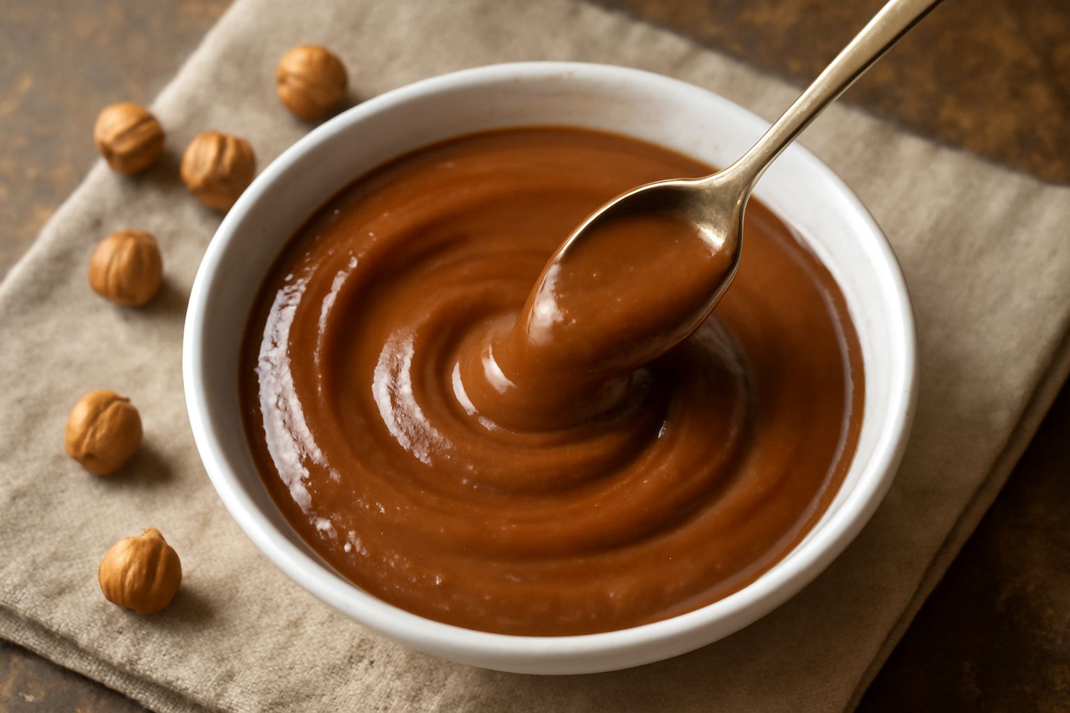 Crema di nocciola marrone scuro lucida in una ciotola bianca, con un cucchiaio di legno immerso, alcuni spicchi di nocciola tostata sparsi attorno e un barattolo di vetro sullo sfondo