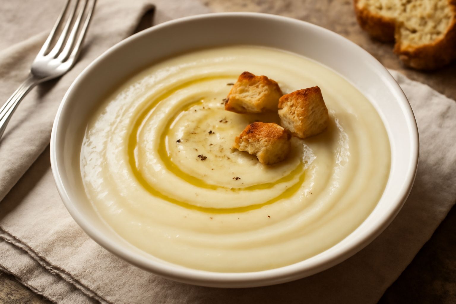 Piatto bianco con crema di patate avorio e liscia, un filo di olio verde sulla superficie, pane tostato a lato, vapore leggero dal piatto