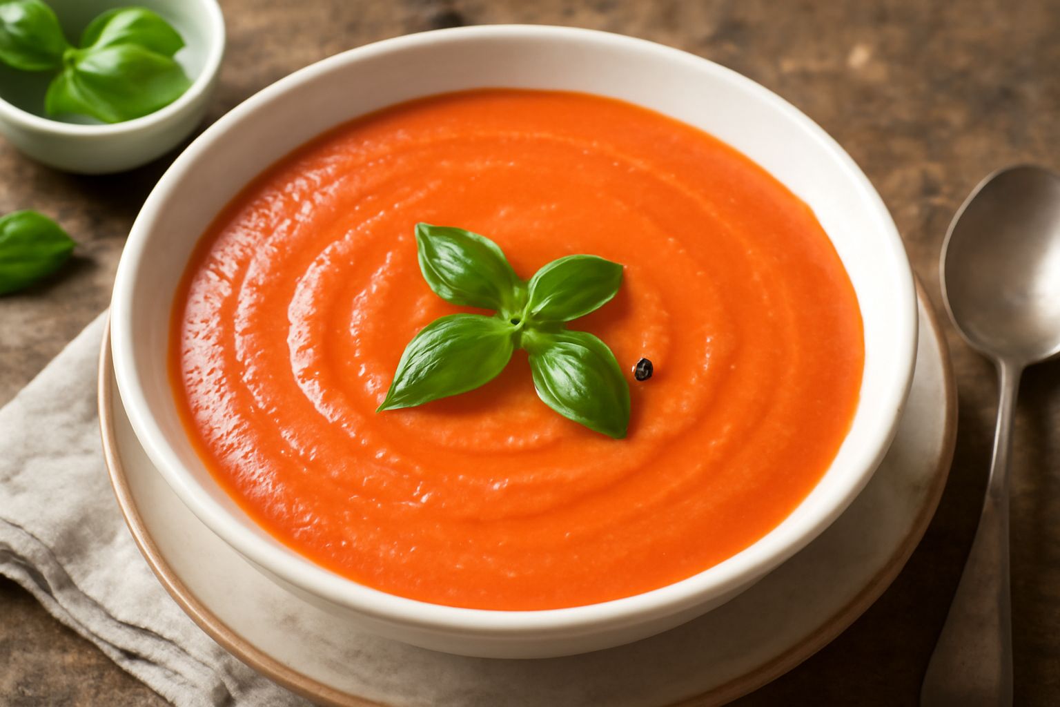 Crema di peperoni color rosso corallo in ciotola bianca, liscia e omogenea, guarnita con basilico verde e goccia di olio d'oliva, servita con pane tostato accanto