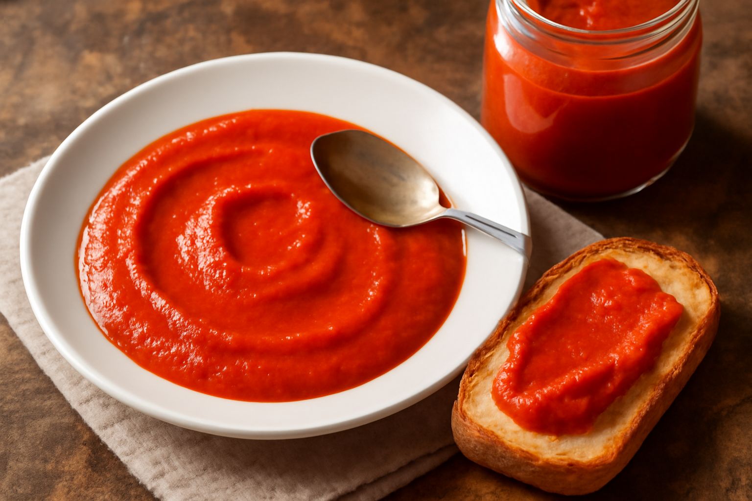 Crema di peperoni di colore rosso vivo, liscia e cremosa, in un piatto bianco con un cucchiaio d'acciaio, accompagnata da fette di pane tostato e basilico fresco sopra