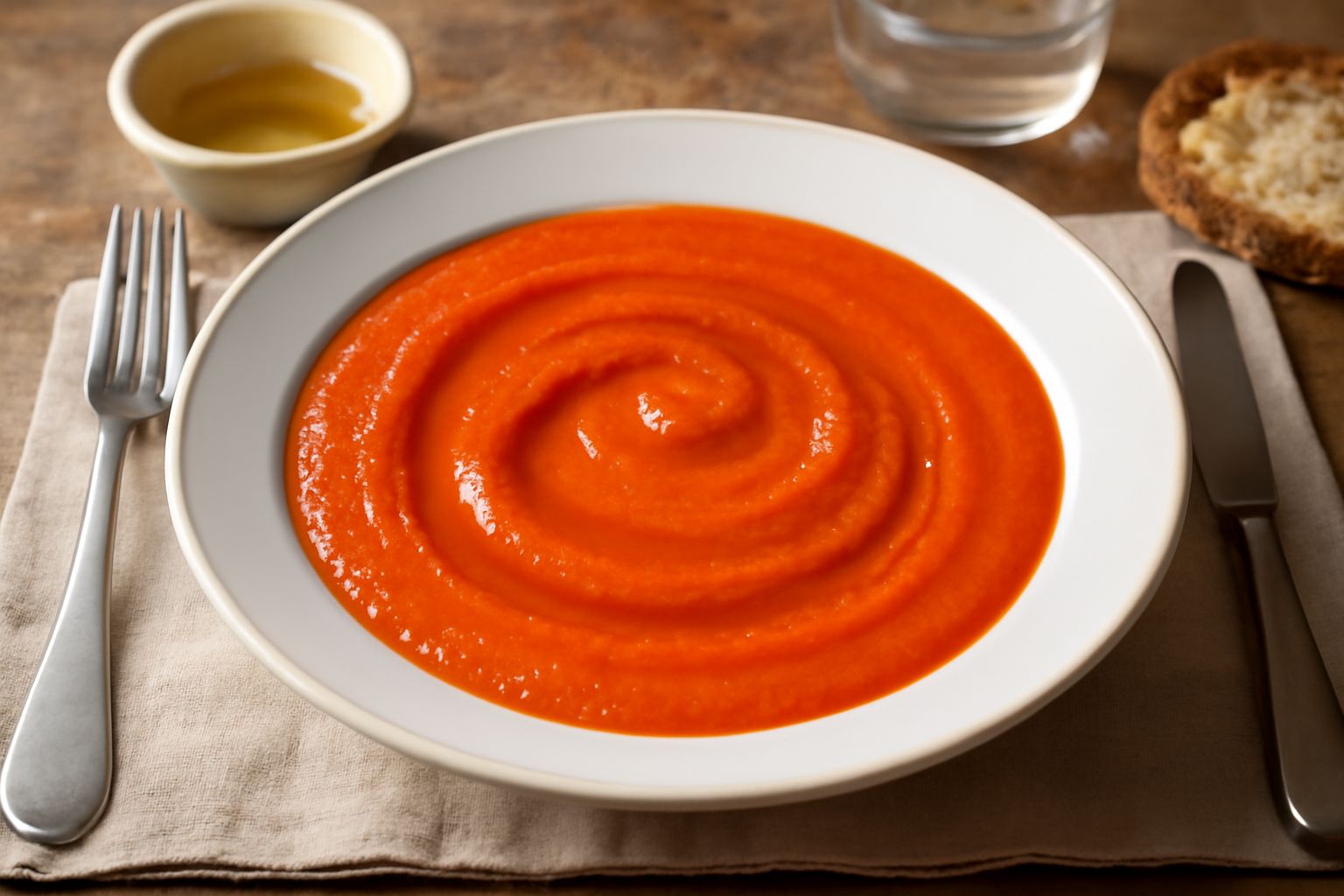 Crema di peperoni cruschi in ciotola bianca, dal colore rosso arancione intenso, con superficie liscia e lucida, accompagnata da fette di pane tostato sul piatto