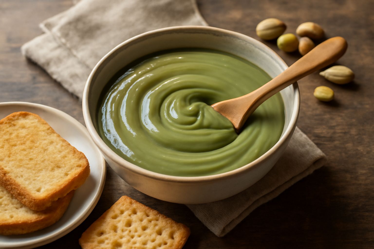 Crema di pistacchio verde salvia, densa e cremosa, servita in una ciotola di ceramica bianca con un cucchiaio di legno immerso dentro, accompagnata da fette di pane tostato su un piatto di lino natura