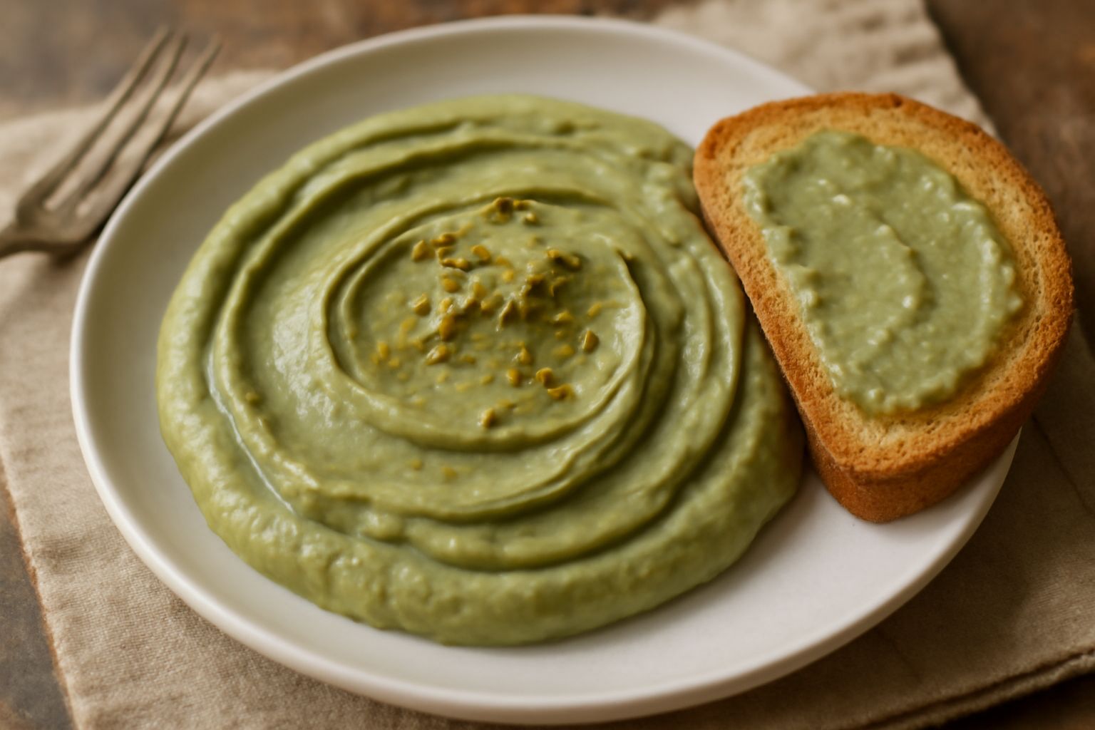 Crema di pistacchio brindisina color verde salvia densa in ciotola bianca, spalma su fetta di pane tostato con cucchiaio in legno, sfondo bianco chiaro
