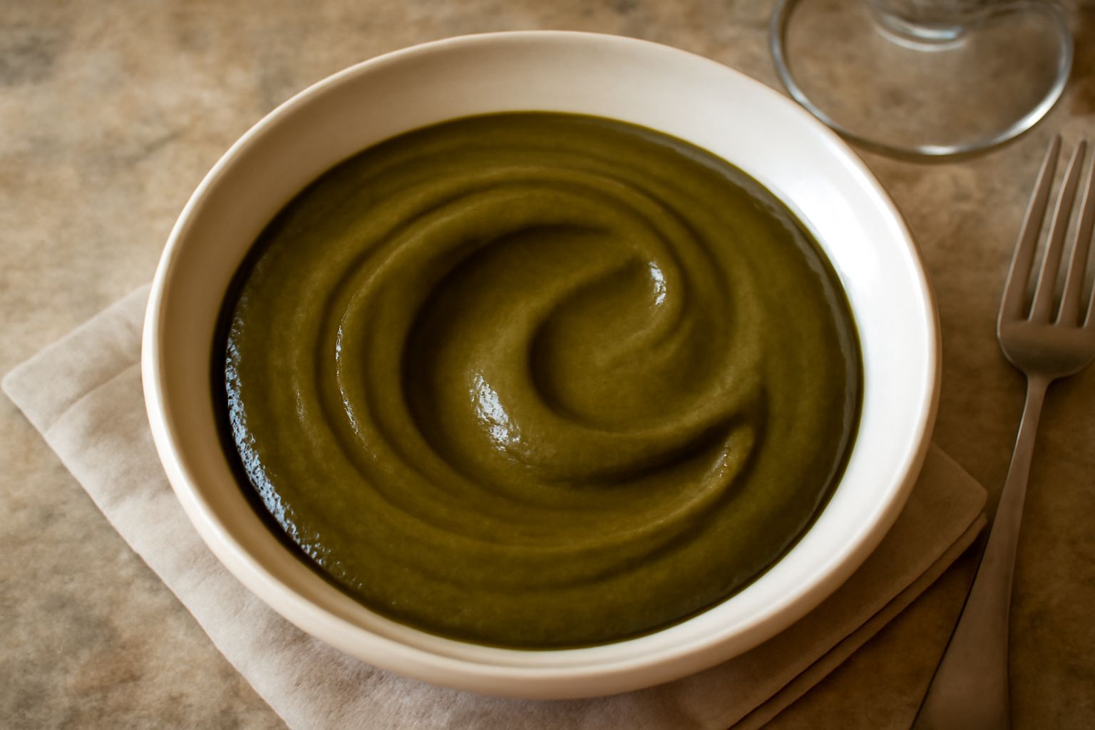 Crema di pistacchio di Bronte verde scuro in una ciotola bianca, con texture densa e lucida, cucchiaio di legno dentro, su sfondo di legno chiaro con pistacchio sgusciato sparso