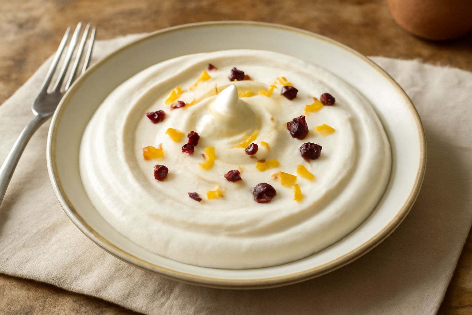 Crema di ricotta color bianco avorio in una ciotola di ceramica bianca, superficie liscia e uniforme, guarnita con bucce di limone candite e una spolverata di pistacchio tritato, cucchiaino di acciaio