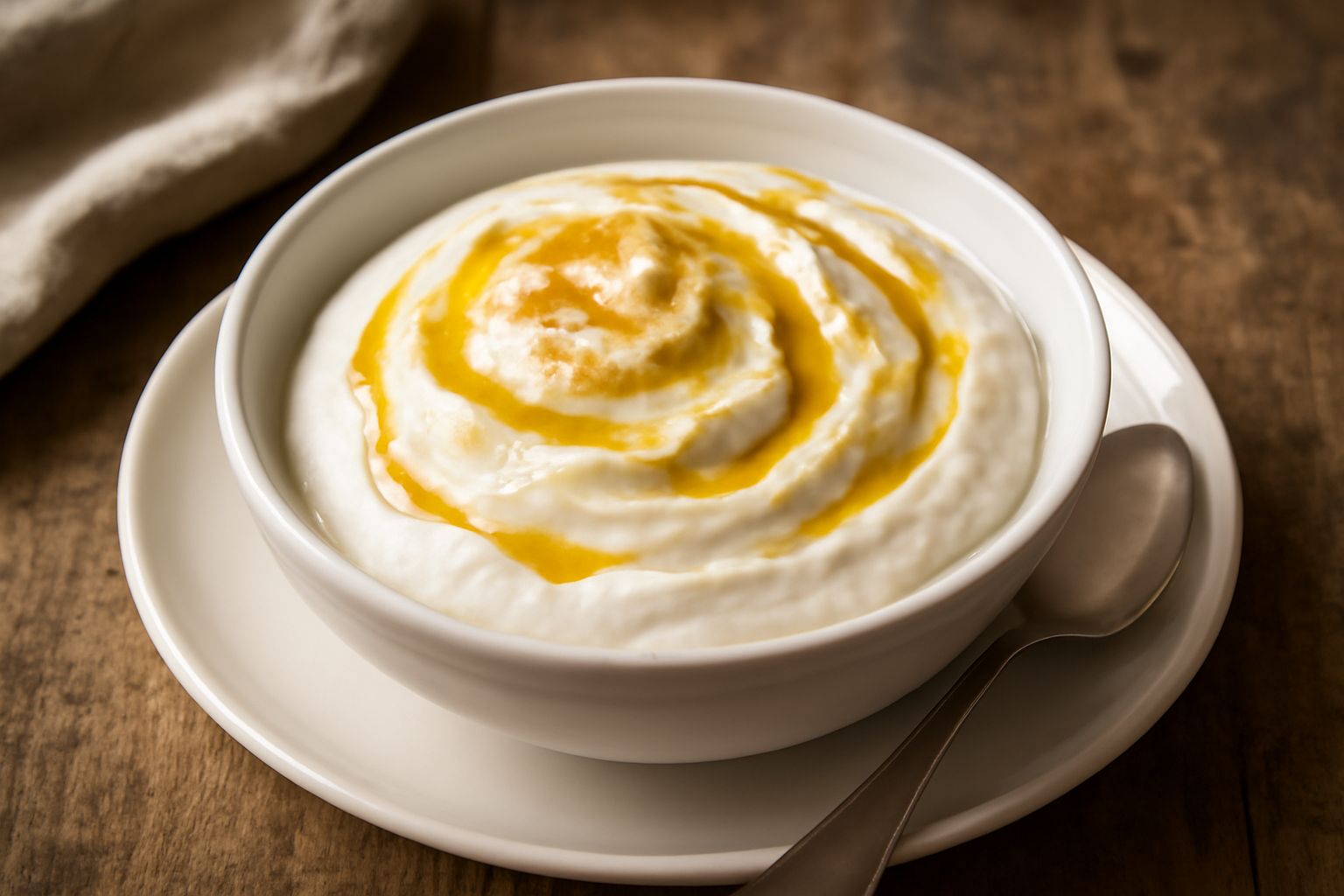 Crema bianca e vellutata di ricotta in un bicchiere, decorata con un filo di miele dorato che cola dalla superficie, completata da una spolverata di nocciole tritate e una foglia di menta