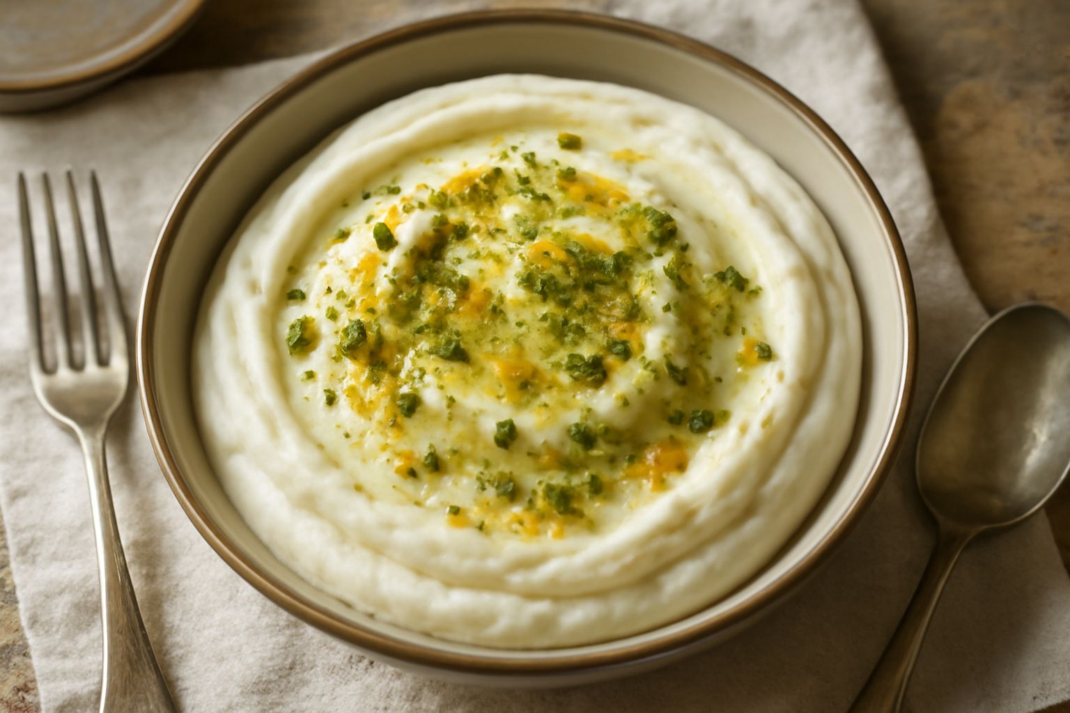 Crema di ricotta pani in ciotola di terracotta bianca, consistenza cremosa beige con granella di pistacchio verde in superficie e scaglie di arancia candita, cucchiaio di legno accanto