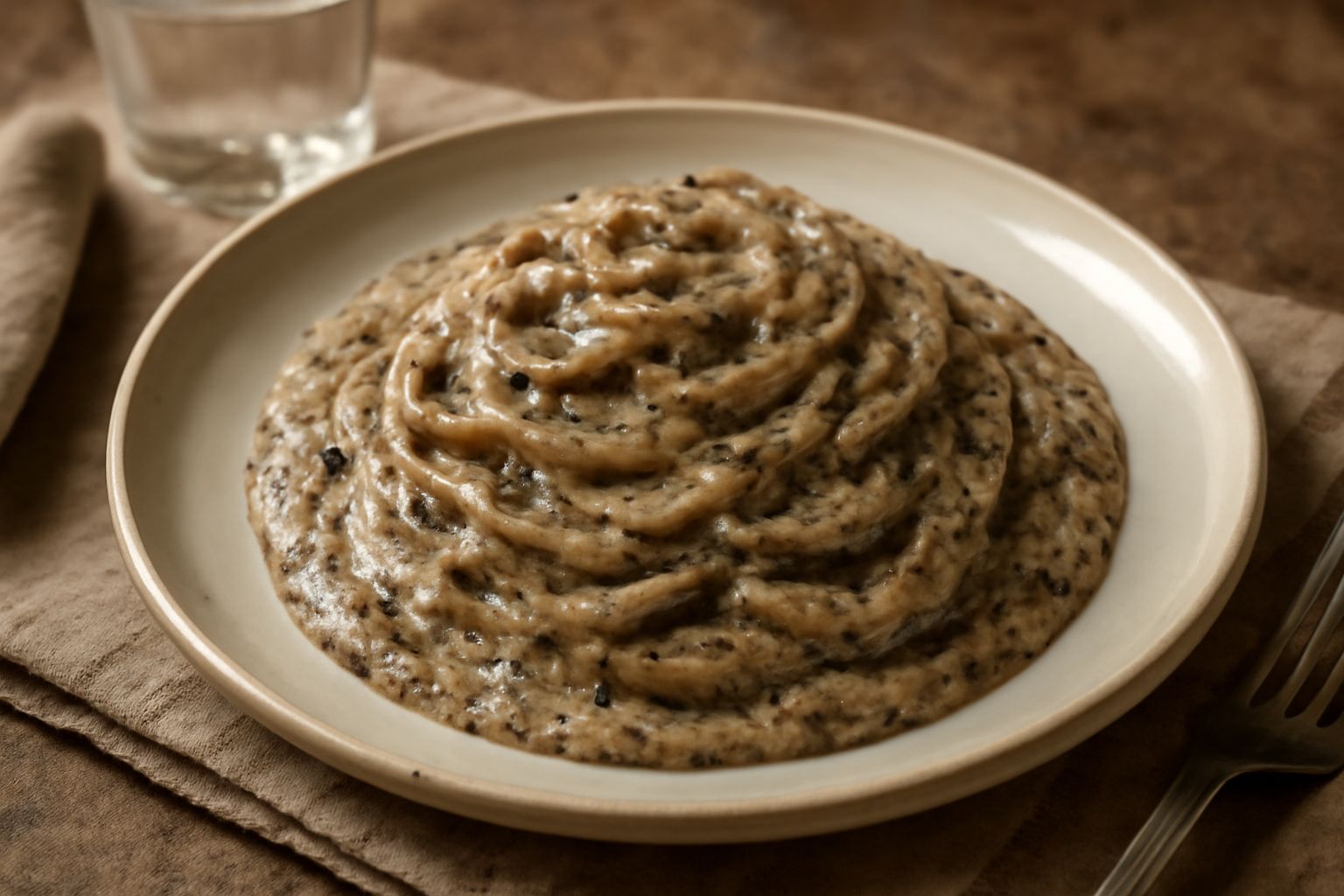 Crema di tartufo color beige scuro in una ciotola bianca, con lamelle di tartufo nero visibili sulla superficie, posata su un tavolo di legno accanto a pane tostato