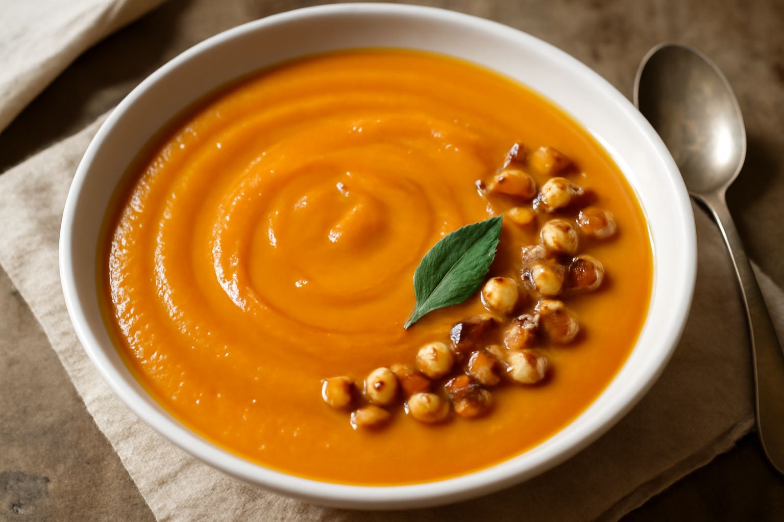 Crema di zucca arancione intenso in ciotola bianca, guarnita con castagne tostate spezzate, gocce di olio verde smeraldo e foglie di salvia fresca, servita su piatto bianco opaco
