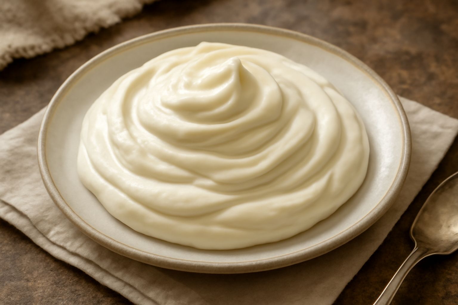 Una ciotola di crema diplomatica bianca e cremosa con la superficie setosa, decorata con un cucchiaio di legno immerso nella crema, su uno sfondo di marmo grigio con accanto un tuorlo d'uovo e una bac
