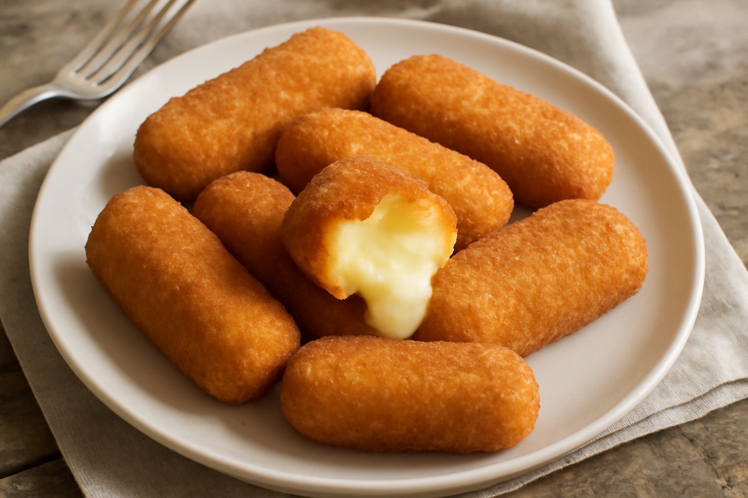 Crema fritta dorata e croccante, appena sfornata, cosparsa di zucchero semolato bianco. Si vede la spaccatura sul dorso da cui esce la crema giallo pallido. Disposta su piatto bianco con carta da forn