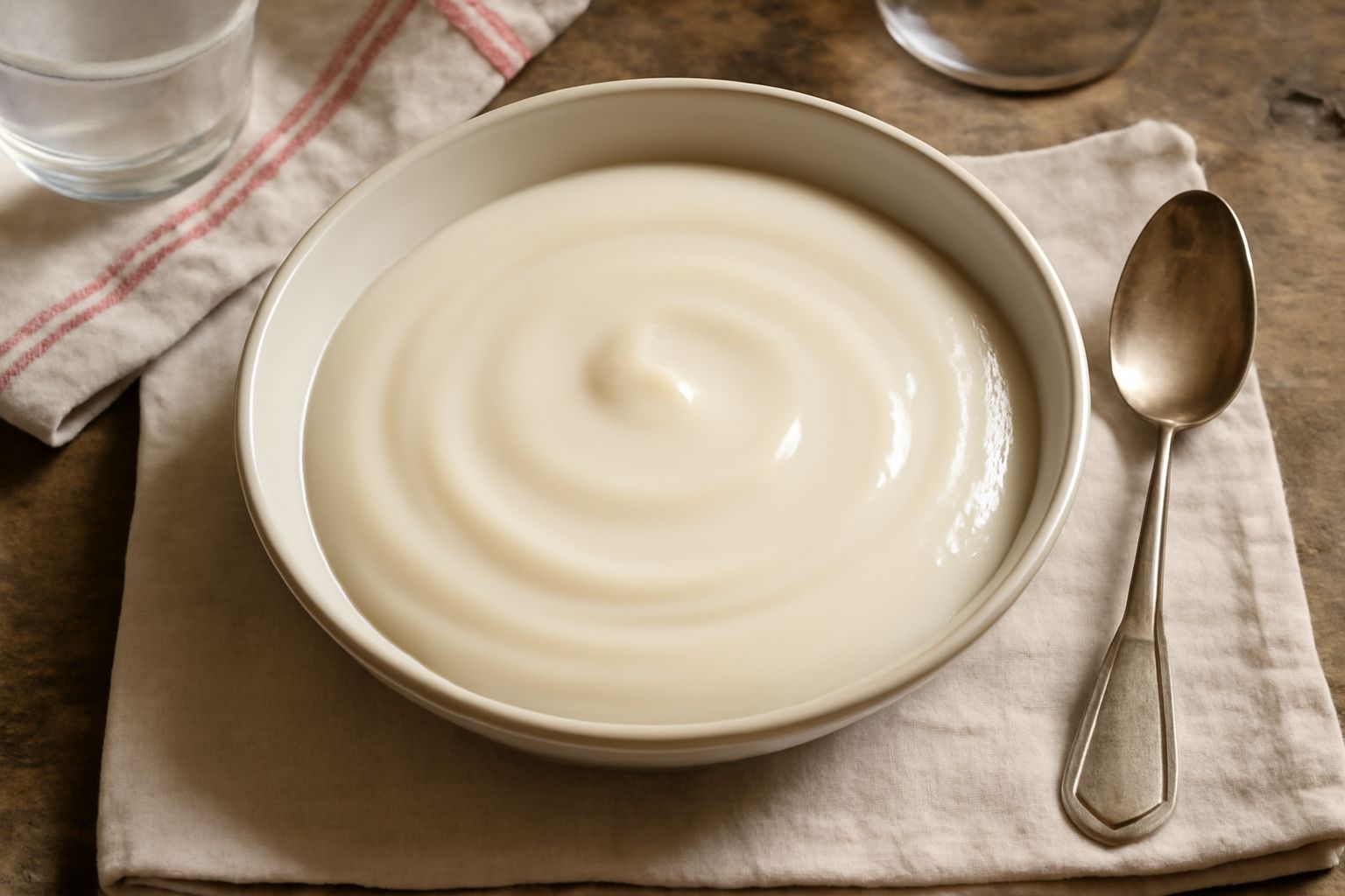 Crema friulana color bianco crema in coppetta di vetro, liscia e lucida, con un cucchiaio di legno poggiato al bordo, sfondo neutro grigio chiaro