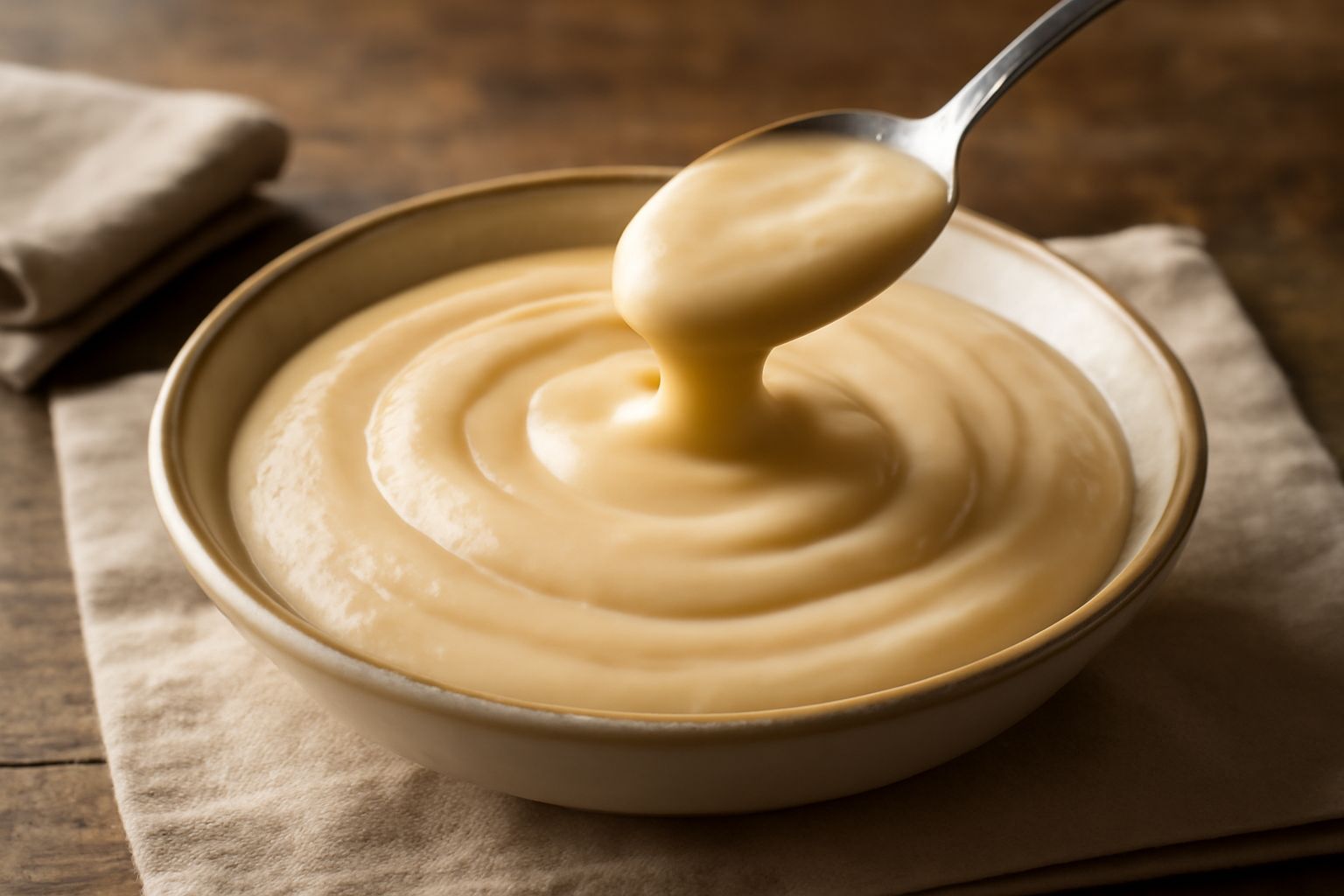 Crema modenese beige e cremosa, levigata con un cucchiaio in una ciotola di vetro trasparente, con riflessi chiari della luce su superficie lucida e uniforme