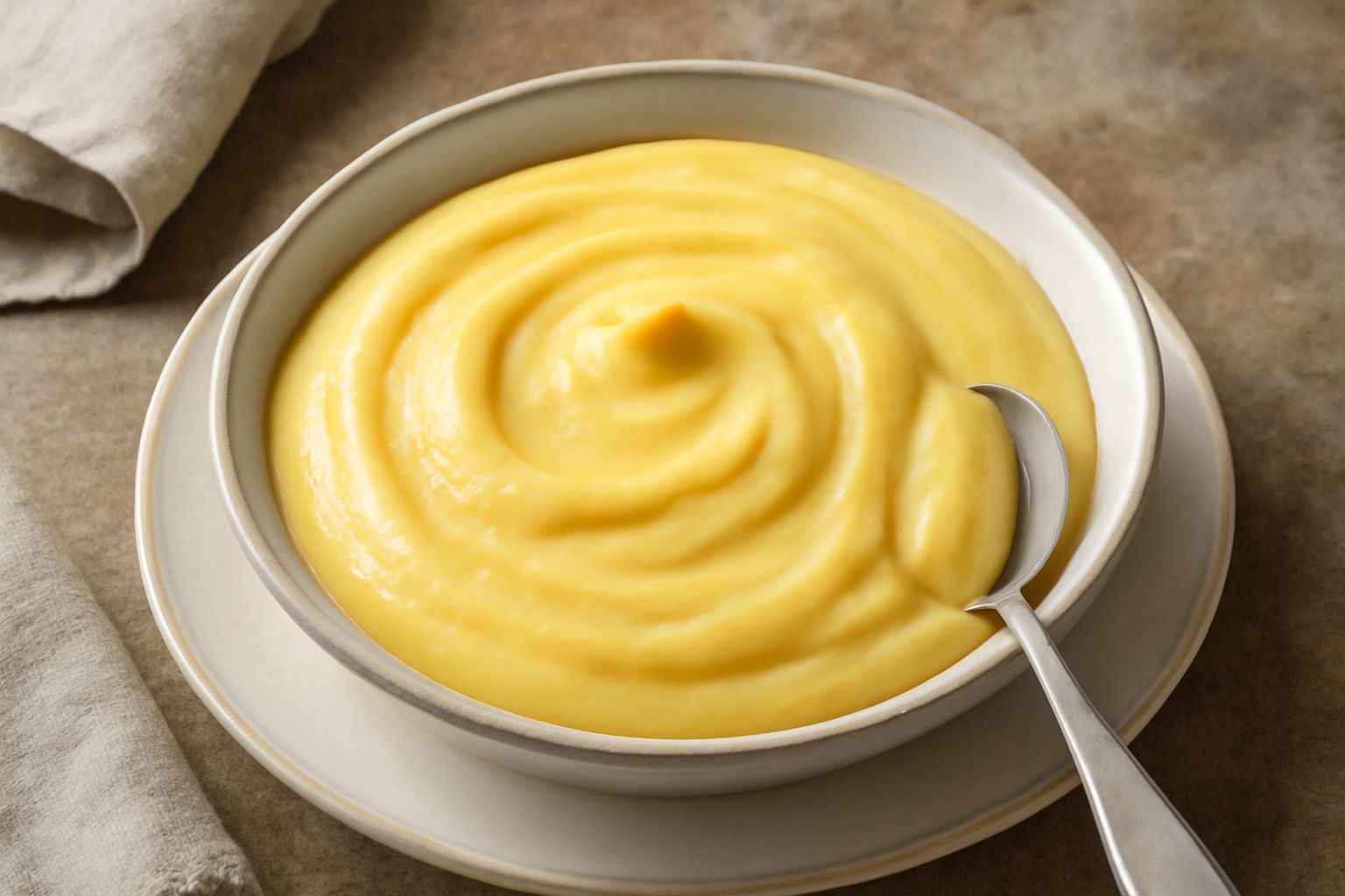 Crema pasticcera gialla dorata in una ciotola di vetro, liscia e brillante, con un cucchiaio di legno immerso nella superficie cremosa, su piano di marmo bianco