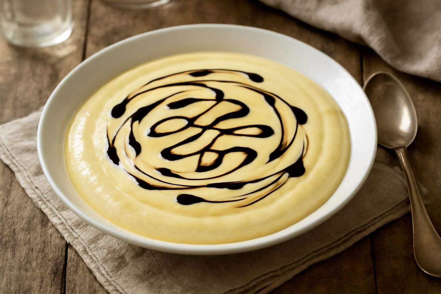 Crema pasticcera color giallo pallido versata in una ciotola di vetro, superficie liscia e brillante, guarnita con pochi fili sottili di aceto balsamico denso e scuro che formano un motivo decorativo 