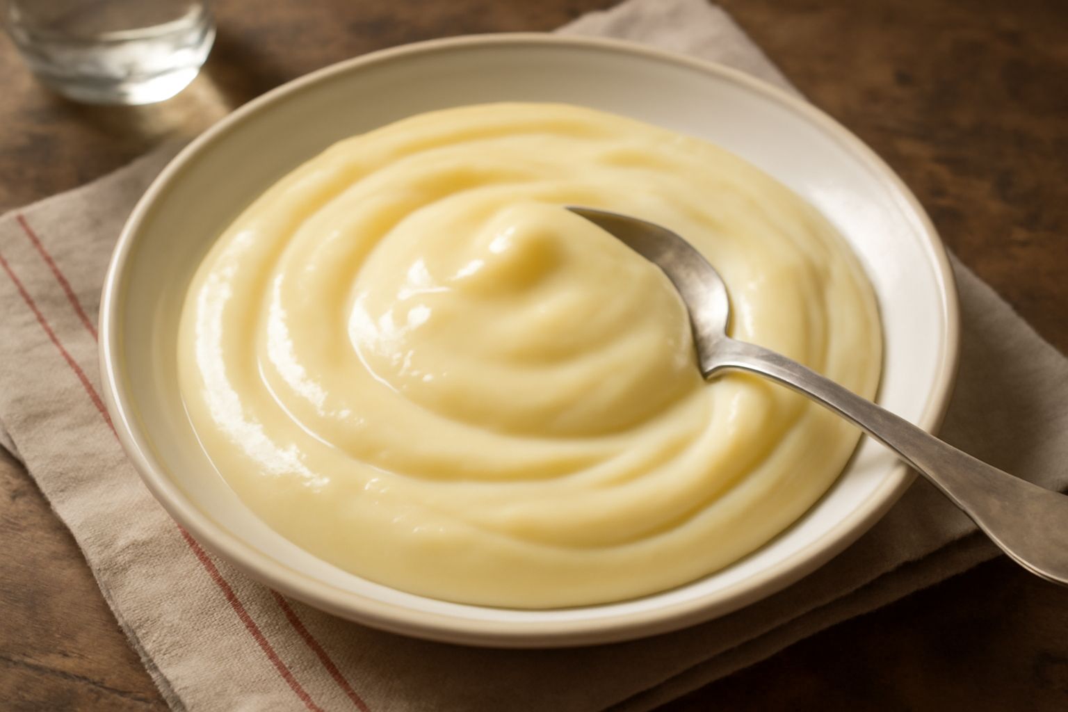 Crema pasticcera di colore avorio cremoso servita in una ciotola di vetro trasparente, con superficie liscia e brillante, decorata con una stecca di vaniglia accanto