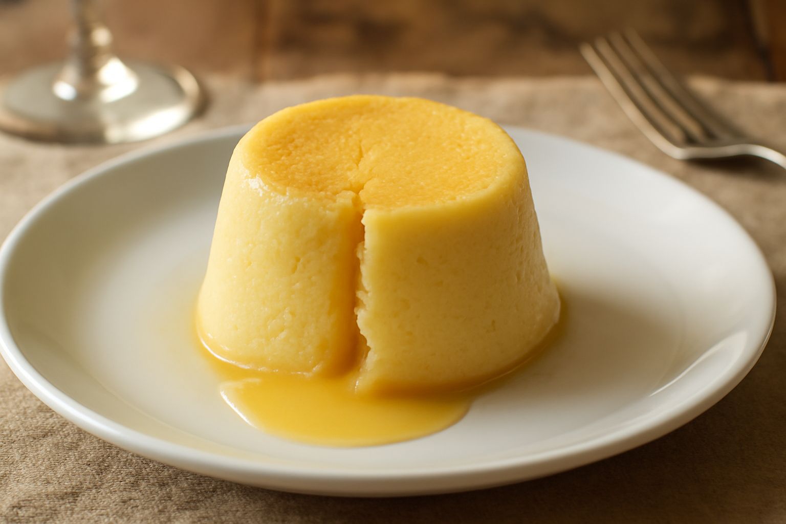 Quattro creme al forno in piccole tazze di porcellana bianca, superficie liscia e dorata, con leggera screpolatura a forma di ragnatela, poste su tovaglia beige con cucchiaini