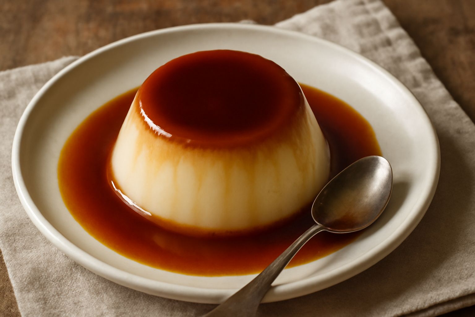 Una crème caramel rovesciata in un piatto bianco, con il caramello caramello liquido che scende dai bordi di una crema color vaniglia perfettamente liscia e lucida