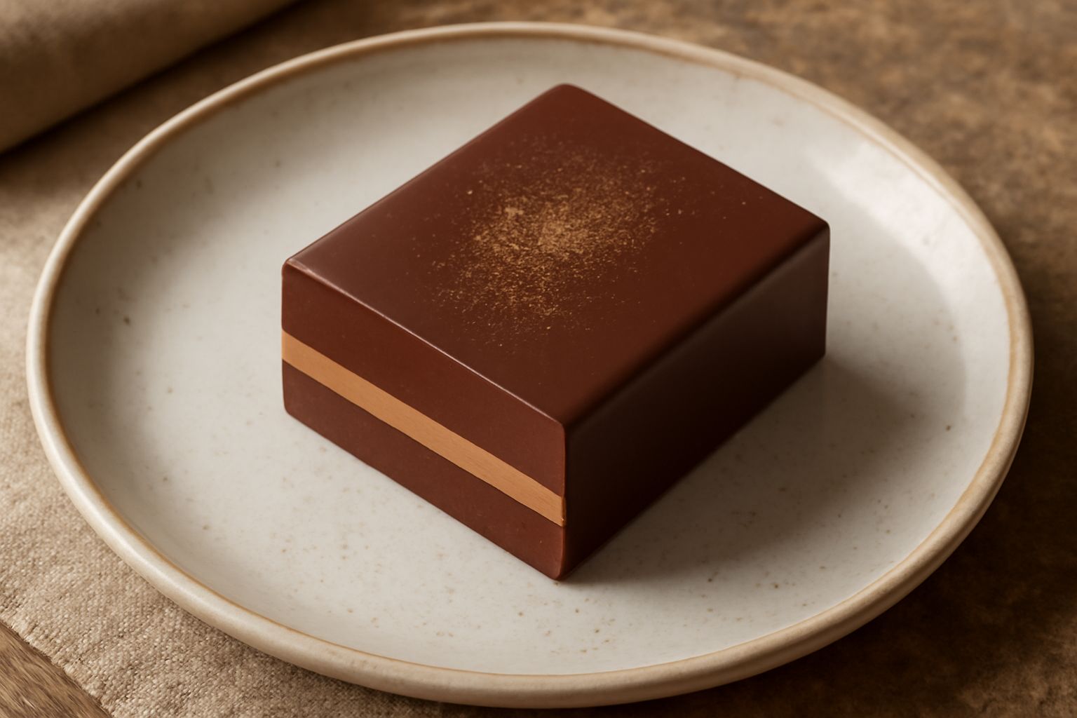 Cremino tagliato a fette quadrate, marrone scuro e beige, che mostrano gli strati interni netti di cioccolato, nocciole tritate e wafer sottili, posato su carta bianca