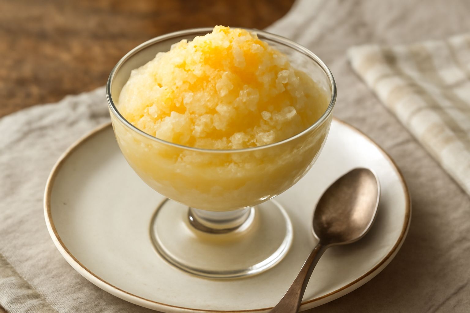 Cremolata cremosa giallo limone servita in coppetta di vetro con scorza d'arancia candita sopra, accompagnata da foglie di menta fresca su tovagliolo bianco