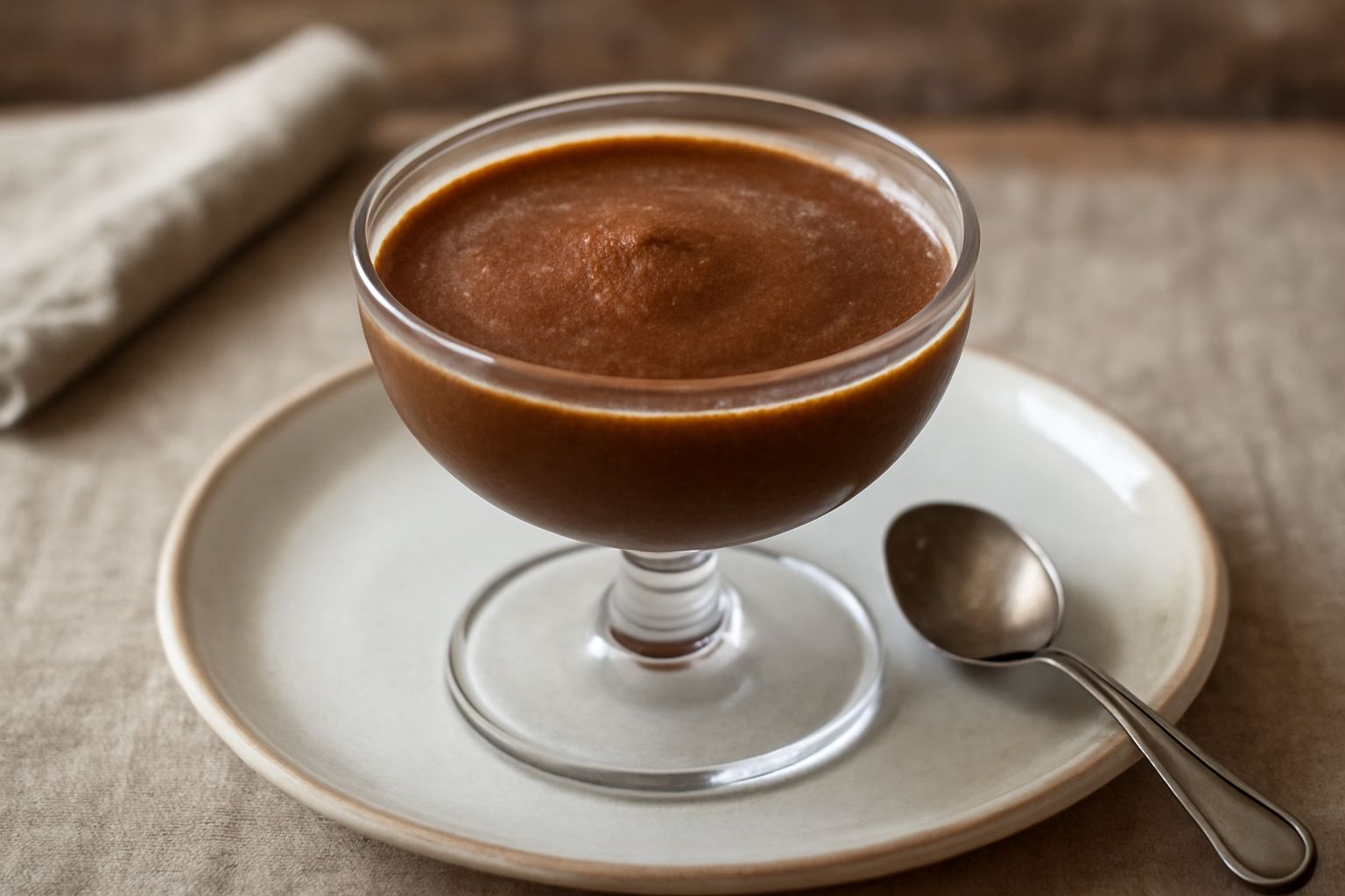 Cremolata di caffè marrone scuro in coppa di vetro trasparente, servita con cucchiaio, superficie liscia e cremosa, superficie riflettente del ghiaccio, guarnizione di chicchi di caffè tostato e polve