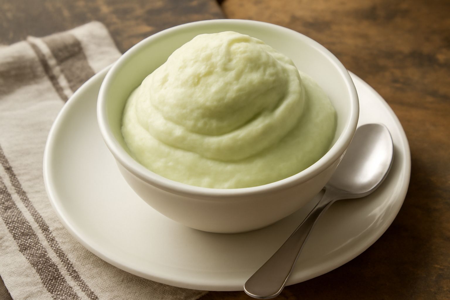 Cremolata di pistacchio verde pallido servita in coppa di vetro, decorata con granella di pistacchio, con cucchiaio inox sul lato e sottofondo bianco