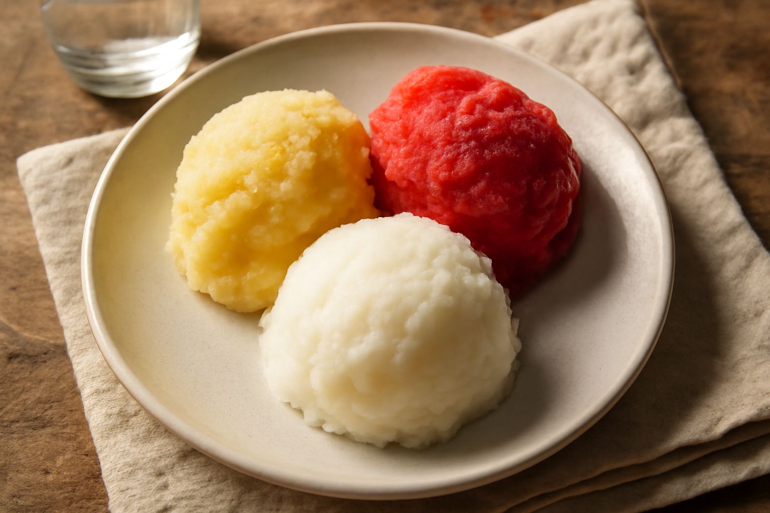 Cremolata al limone in coppa di vetro trasparente con superficie grumosa e cremosa di colore giallo pallido, guarnita con una foglia di menta verde e un cucchiaio di metallo, con sfondo sfocato bianco