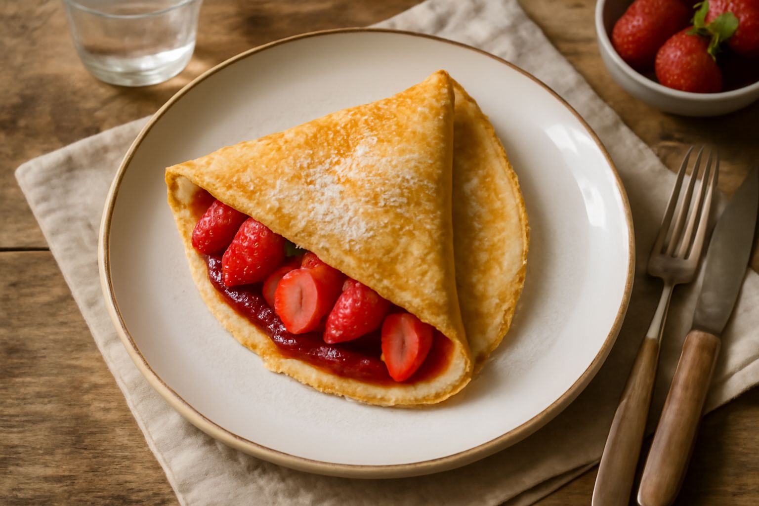 Tre crepes dorate piegate a triangolo su un piatto bianco, una guarnita con fragole rosse e una spruzzata di zucchero a velo, altra con marmellata marrone, sfondo neutro grigio chiaro